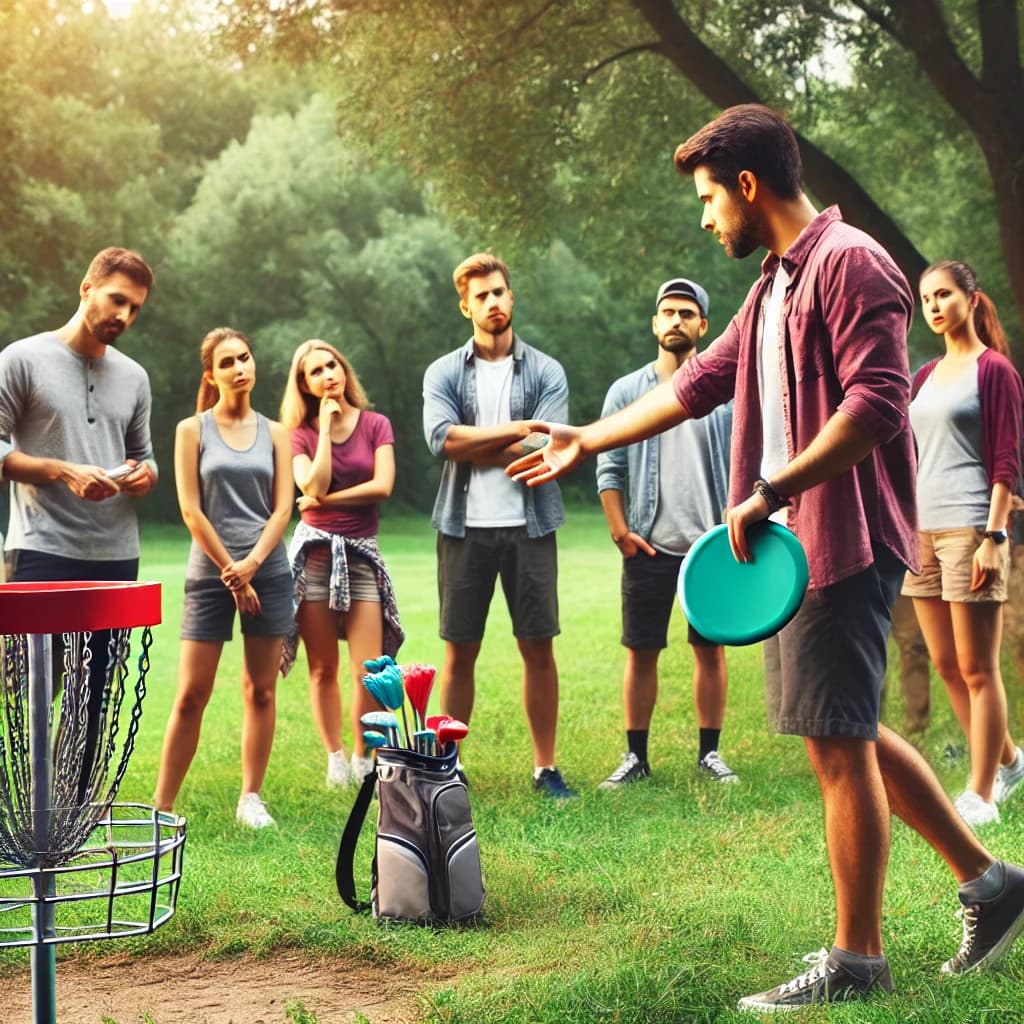 Gruppe med discgolfspillere på en turnering